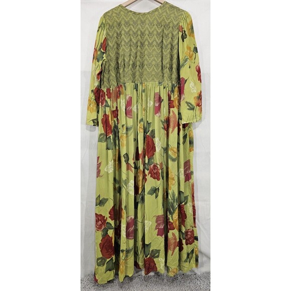 Vintage URU Womens Silk Maxi Dress Floral Kimono Duster Green Boho Art Rare OS - Picture 2 of 15